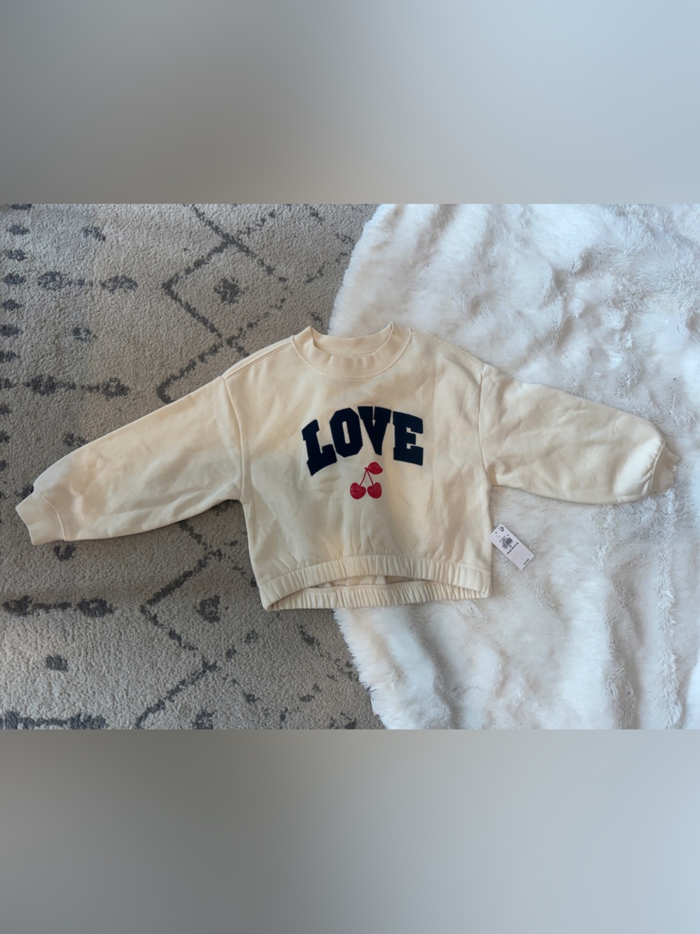 Old Navy Cream Kids Sweatshirt with Navy Lettering and Red Cherry Accent